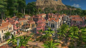 Uma imagem retratando uma cidade do Novo Mundo em Anno 1800.