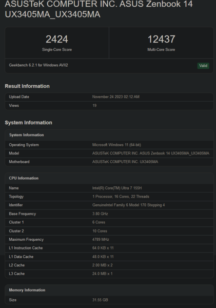 Pontuação do Intel Core Ultra 7 155H no Geekbench (imagem via Geekbench)