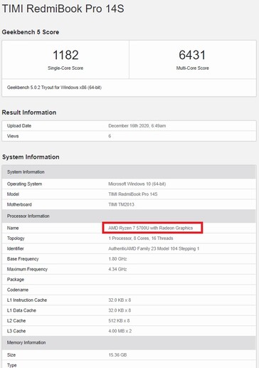 Resultados da RedmiBook. (Fonte de imagem: Geekbench)