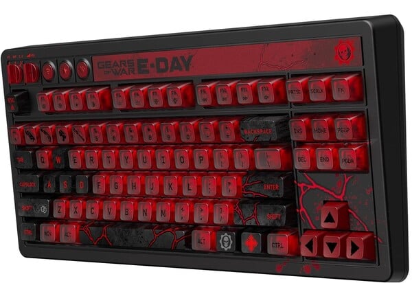 O Teclado Mecânico 8BitDo Retro 87: Edição Gears of War E Day usa switches lineares personalizados.