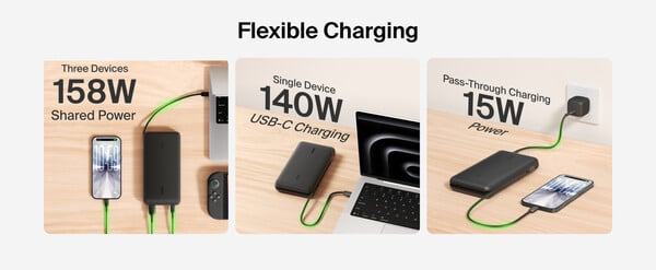 O Belkin UltraCharge Pro Laptop Power Bank 25K pode carregar três dispositivos simultaneamente.