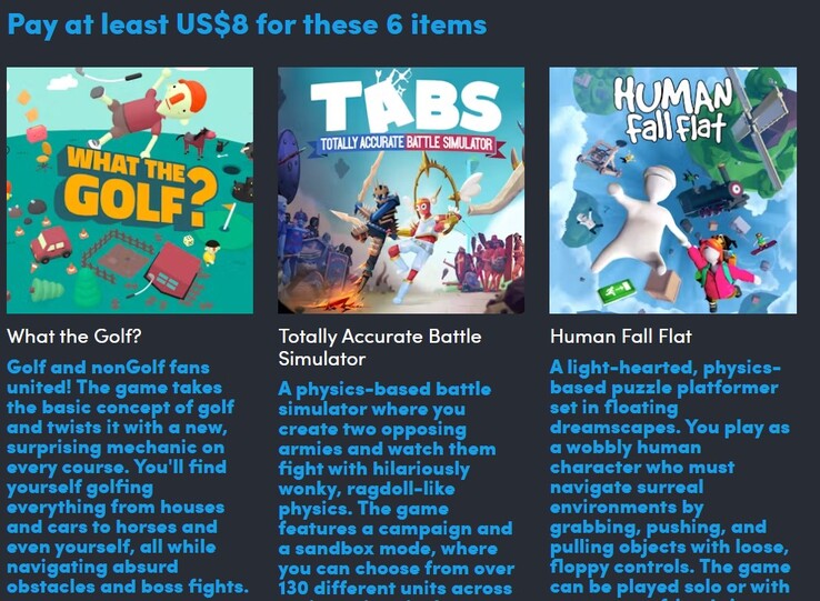 Pôsteres e descrições dos jogos. Pagando US$ 8, o senhor recebe 6 dos jogos (Fonte da imagem: Humble Bundle)