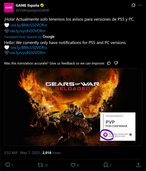 Postagem do Game Espana Gears of War: Reloaded X (Fonte da imagem: captura de tela, conta do Game Espana X)