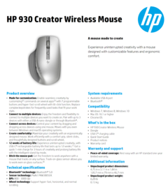 Rato sem fio HP 930 Creator - Especificações. (Fonte: HP)