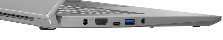 Lado esquerdo: Fonte de alimentação, HDMI, 1x Thunderbolt 4 (incluindo Power Delivery e DisplayPort), 1x USB-A 3.2 Gen 1, conector de áudio combinado