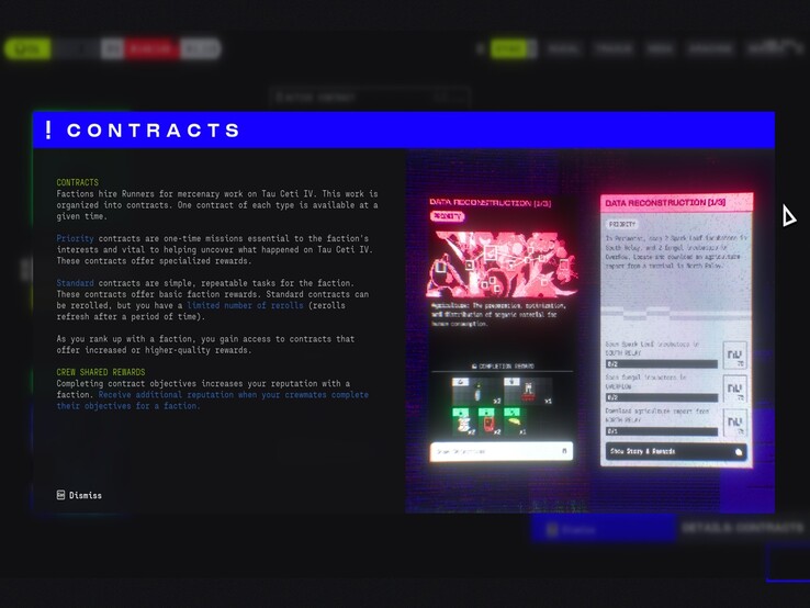 A tela de contratos da Marathon descreve a divisão entre trabalhos Prioritários e Padrão, destacando recompensas de facção, rerolls e ganhos de reputação compartilhados pela tripulação.