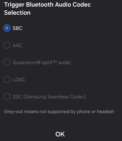 Codecs de áudio Bluetooth disponíveis