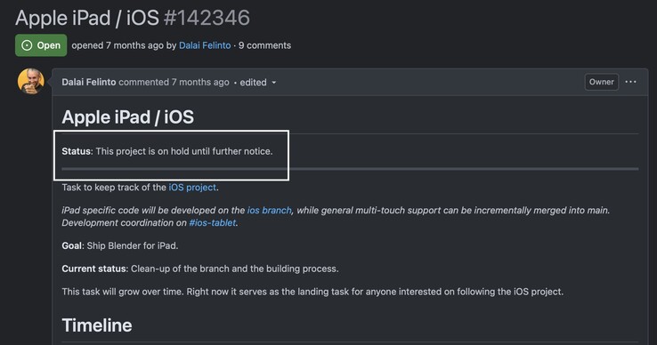 O Blender declarou que o projeto do iPad está suspenso.