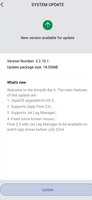 As notas de lançamento da versão 3.2.10.1 do software para o smartwatch Amazfit Bip 6. (Fonte da imagem: Amazfit)