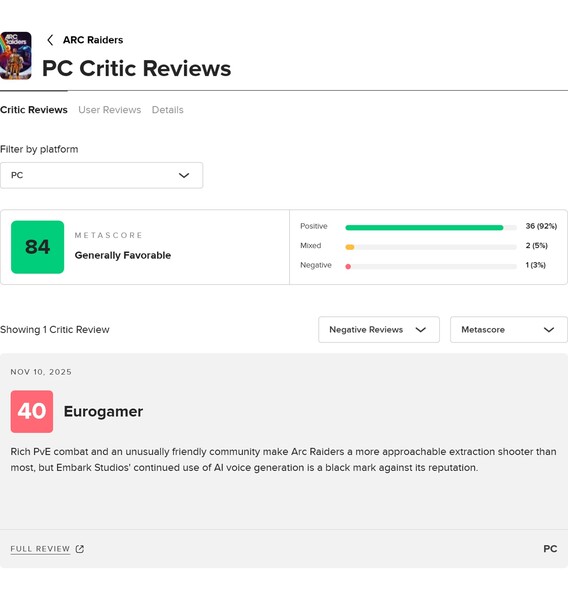 Pontuação média da crítica de Arc Raiders no Metacritic (Fonte da imagem: captura de tela, Metacritic)