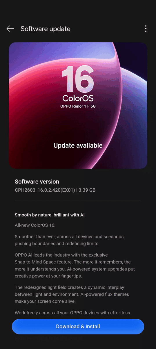 ColorOS 16 OTA no Reno 11 FS 