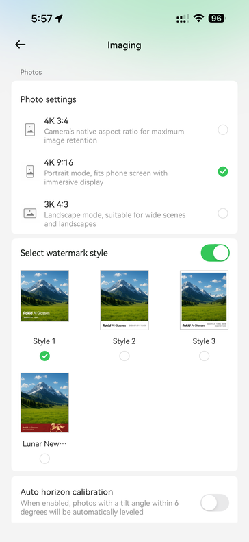 Configurações de imagem no aplicativo Hi Rokid