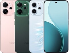 O Oppo Reno14 F vem com opções de cores rosa brilhante, verde luminoso e verde opala (Fonte da imagem: Oppo)