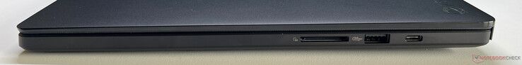 À direita: Leitor de cartão SD, USB-A 3.2 Gen 2 (10 GBit/s), USB-C 3.2 Gen 2 (10 GBit/s, DisplayPort, Power Delivery)