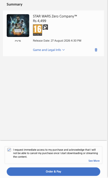 Janela pop-up da PlayStation Store Índia antes da compra.