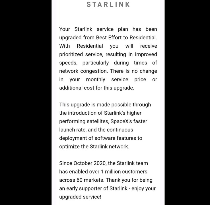 O Starlink Melhor Esforço para a atualização da velocidade de camadas residenciais e-mail