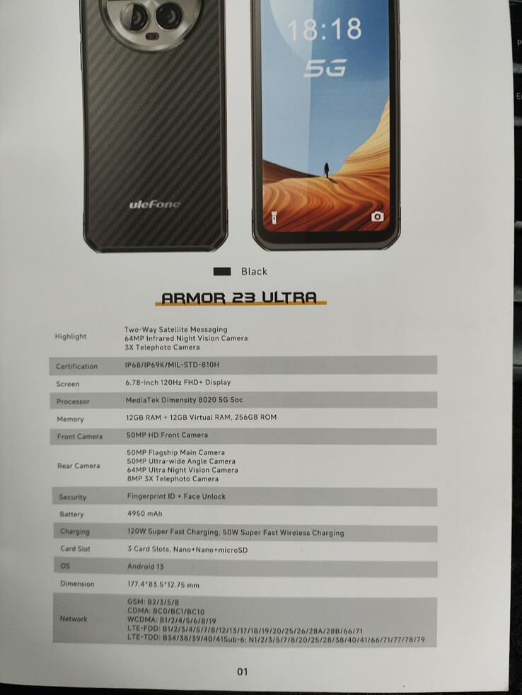 Uma visão inicial da folha de especificações do Armor 23 Ultra. (Fonte: Ulefone via NBC na IFA 2023)