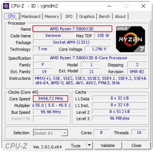 Desbloqueado Ryzen 7 5800X3D. (Fonte da imagem: Validador CPU-Z)