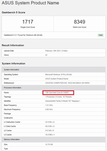 i9-11900T. (Fonte de imagem: Geekbench)