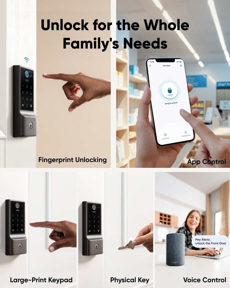As novas Smart Locks da eufy poderiam oferecer reconhecimento da palma da mão, bem como outras formas de destrancar a porta, como visto na Smart Lock E30 (acima). (Fonte da imagem: eufy)