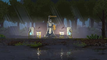 Uma imagem mostrando uma estátua em Kingdom: New Lands