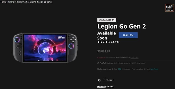 Listagem do Legion Go 2 no site da Lenovo.