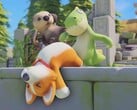 Três personagens de Party Animals saltam sobre uma borda de pedra em uma briga caótica.