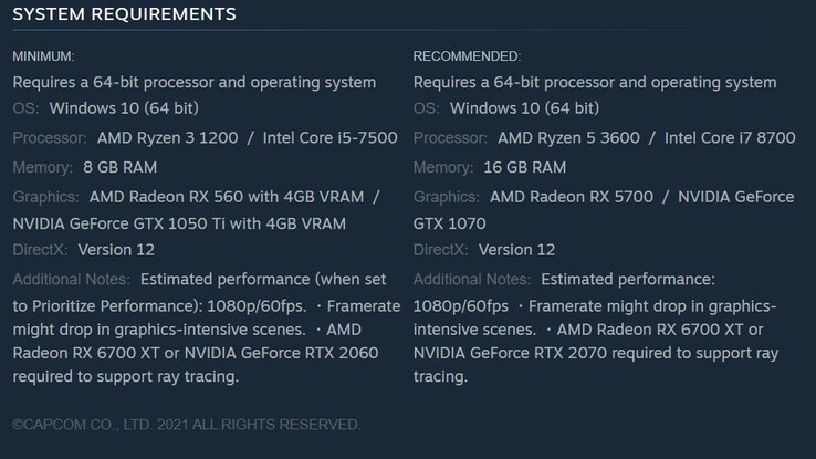 Requisitos de sistema de Resident Evil Village. (Fonte da imagem: Steam)