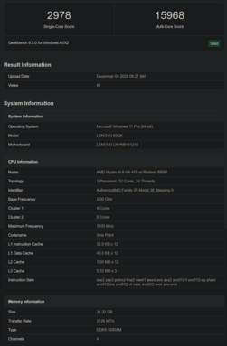 Listagem do Geekbench do Ryzen AI 9 HX 470 (fonte da imagem: Geekbench)