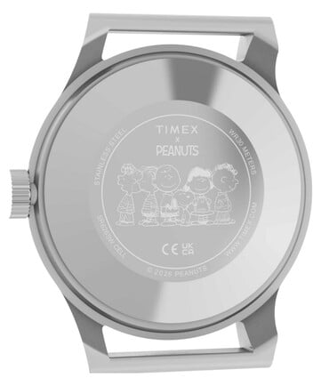 Parte traseira da caixa do relógio Timex x Peanuts MK1 com o Snoopy e outros personagens do Peanuts.