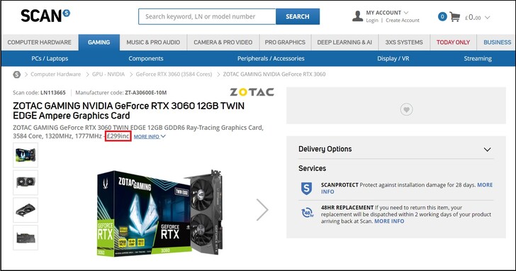 Zotac GeForce RTX 3060 board a £299. (Fonte de imagem: Scan)