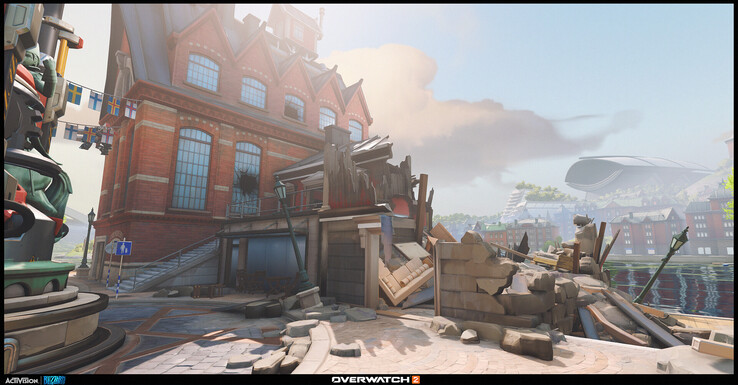 Ruas repletas de escombros e interiores parcialmente destruídos em Overwatch 2 destacam a narrativa ambiental por trás dos espaços de missão de história marcados por conflitos do jogo.