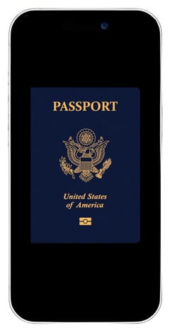 Uma imagem de um passaporte dos Estados Unidos na tela de um iPhone 17.
