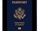 Uma imagem de um passaporte dos Estados Unidos na tela de um iPhone 17.