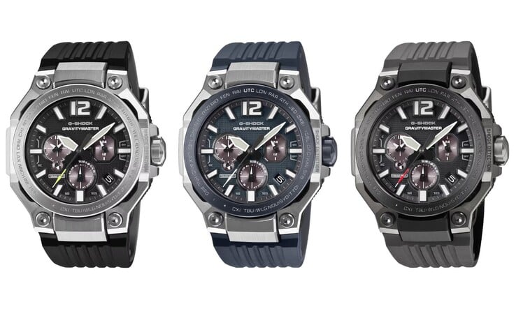 Da esquerda para a direita: os relógios Casio G-Shock GWR-B3000-1A, GWR-B3000A-2A e GWR-B3000B-8A