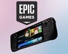 Logotipo da Epic Games visto acima do Valve Steam Deck