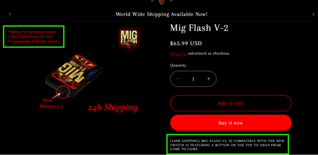 o migflashunited.com alega compatibilidade com o Switch 2 em dois locais diferentes em sua página de produto, apesar de outros sites não fazerem tal alegação (Fonte da imagem: migflashunited.com)