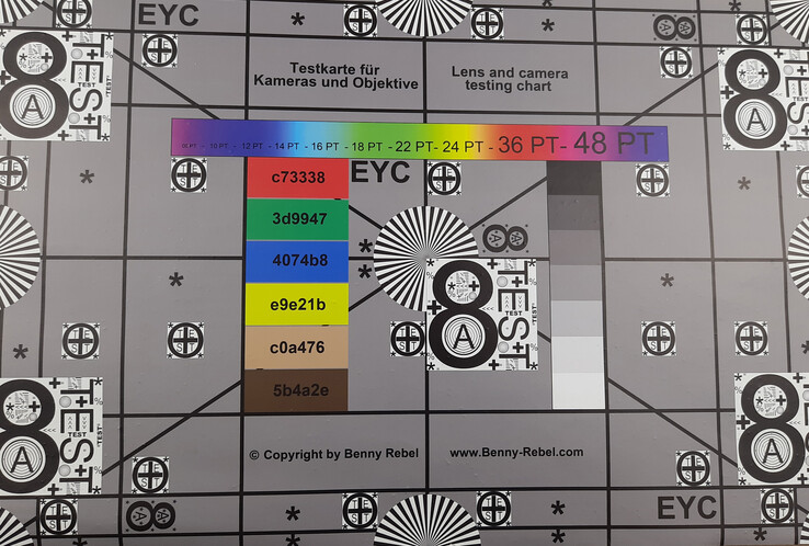 A photo of our test chart in controlled lighting conditions