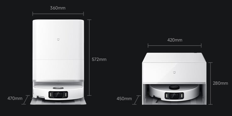 As medidas do Xiaomi Mijia Robot Vacuum Mop 5 Pro Water Tank Edition (à esquerda) e da versão com água e dreno (à direita). (Fonte da imagem: Xiaomi)