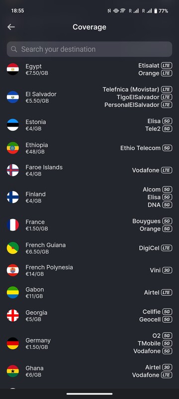 A lista de países não mostra apenas o preço da Ycoin por GB, mas também o provedor de serviços local e o padrão de rede.