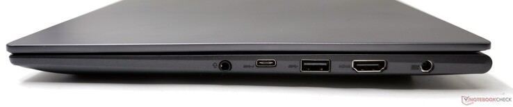 Direita: conector de áudio combinado de 3,5 mm, USB 3.2 Gen2 Tipo C (Power Delivery/DisplayPort), USB 3.2 Gen1 Tipo A, saída HDMI 2.1 TMDS, entrada CC