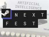 Na foto - o logotipo do Steam Next Fest sobre uma imagem com um digitador e o texto "Inteligência Artificial" no papel.