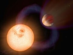 Ilustração artística mostrando um exoplaneta e uma estrela.