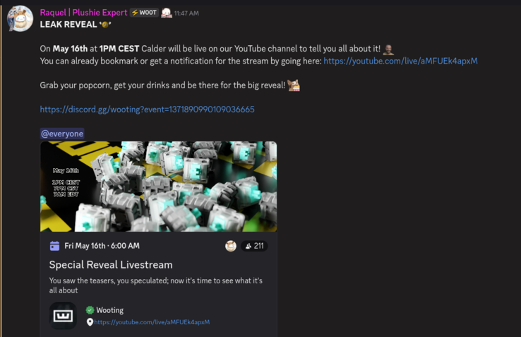 Anúncio do Wooting Discord para o lançamento da transmissão ao vivo em 16 de maio