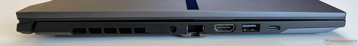 Esquerda: Entrada da fonte de alimentação, Gigabit Ethernet, HDMI 2.1, USB 3.2 Gen 1 Tipo A (5 Gbit/s), USB4 Tipo C (40 GBit/s, DisplayPort 1.4, Power Delivery 3.0)