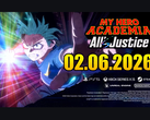 O visual principal de My Hero Academia: All's Justice mostrando Izuku Midoriya avançando com efeitos de energia brilhante e a data de lançamento 02 de junho de 2026. (Fonte: YouTube)