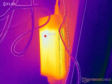 O adaptador CA atinge mais de 35 °C ao operar cargas exigentes