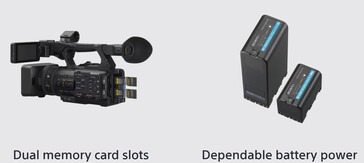 A HXR-NX800 e a PXW-Z200 podem gravar em dois cartões de memória CFexpress Type A ou SD por mais de quatro horas ininterruptas usando a bateria opcional BP-U100 de 97 Wh. (Fonte da imagem: Sony)