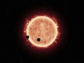 Uma ilustração mostrando uma estrela e dois planetas.