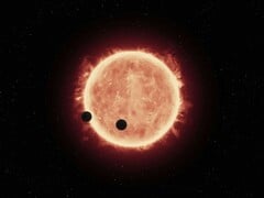 Uma ilustração mostrando uma estrela e dois planetas.